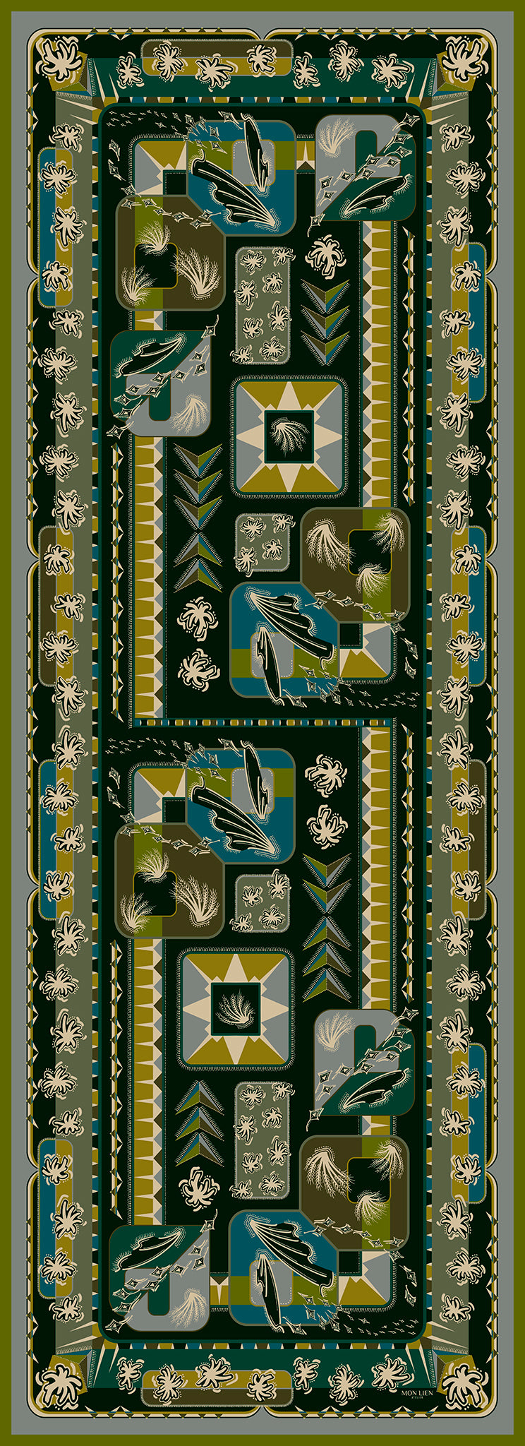lungo foulard in seta dalle tinte verdi con disegno illustrato