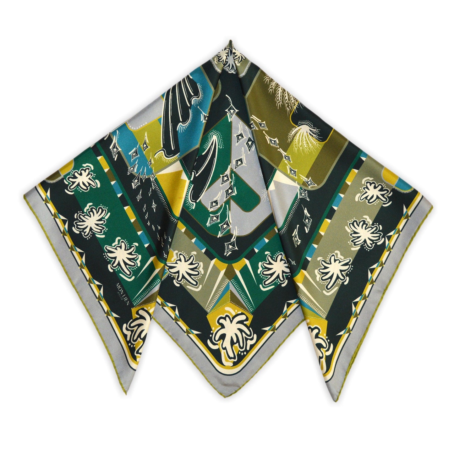 foulard quadrato in seta piegato con due lati a punta  grafiche floreali e geometriche tonalità verdi